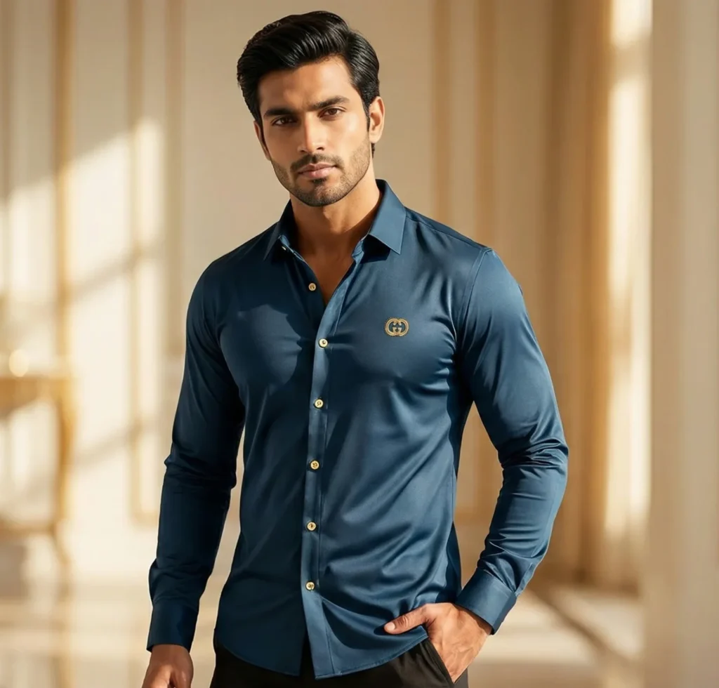 Man wearing a premium teal blue slim fit formal shirt with gold buttons and chest logo.