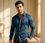 Man wearing a premium teal blue slim fit formal shirt with gold buttons and chest logo.