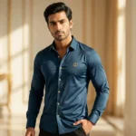 Man wearing a premium teal blue slim fit formal shirt with gold buttons and chest logo.