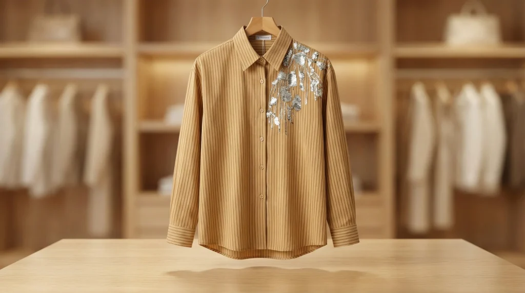 Beige Pinstripe Embellished Women’s Formal Shirt (2)