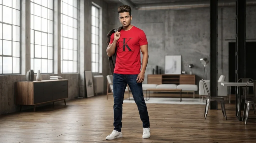 Calvin Klein Jeans Men’s Red 3D Logo Crew Neck T Shirt (2)