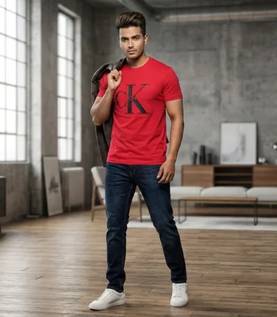 Calvin Klein Jeans Men’s Red 3D Logo Crew Neck T Shirt (2)