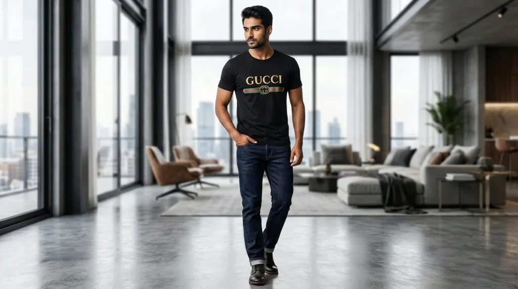 Gucci Men’s Black Embroidered Logo Heritage T Shirt (5)