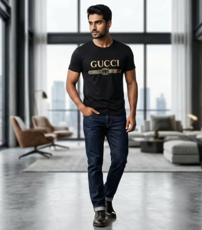 Gucci Men’s Black Embroidered Logo Heritage T Shirt (5)