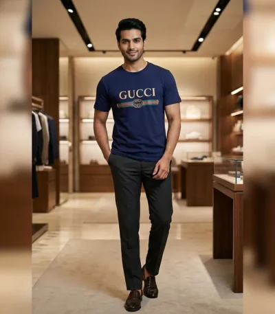 Gucci Men’s Navy Blue Embroidered Logo Heritage T Shirt (2)