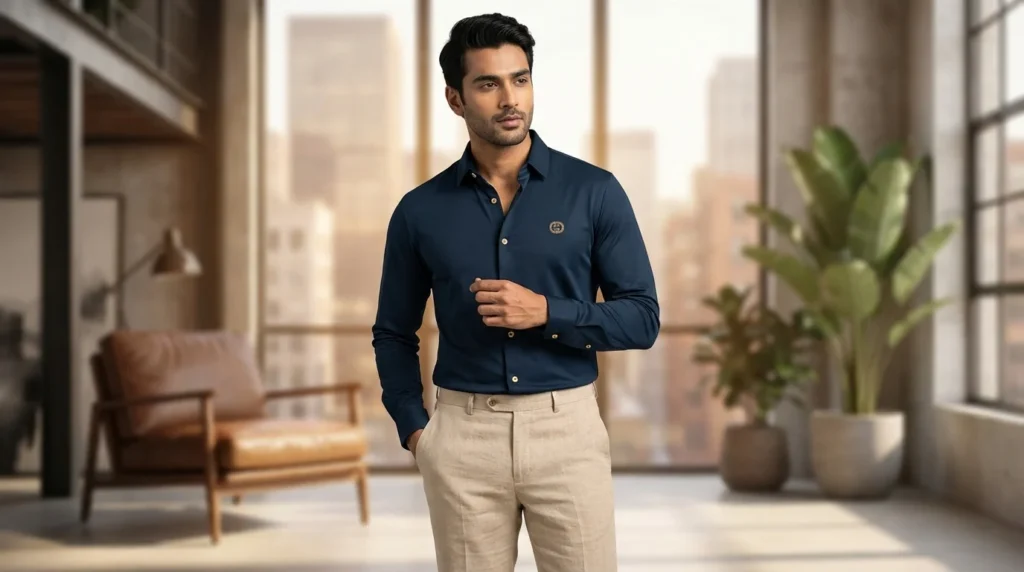 Gucci Men’s Navy Blue Slim Fit Gold Emblem Shirt (2)