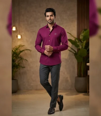 Gucci Men’s Wine Red Slim Fit Gold Emblem Shirt (2)