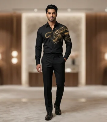 Men’s Black Gold Dragon Embroidered Full Sleeve Luxury Shirt (5)