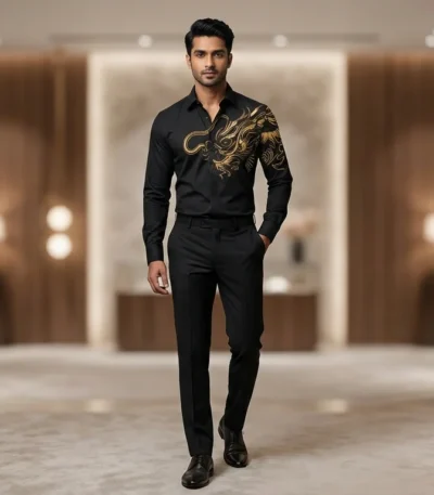 Men’s Black Gold Dragon Embroidered Full Sleeve Luxury Shirt (5)