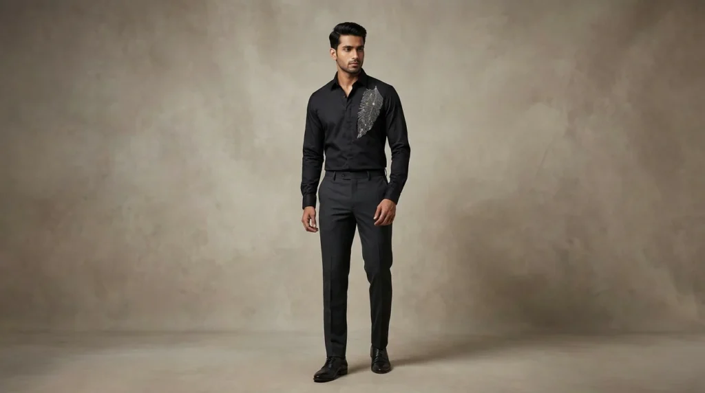 Men’s Black Luxury Feather Rhinestone Embellished Shirt (2)