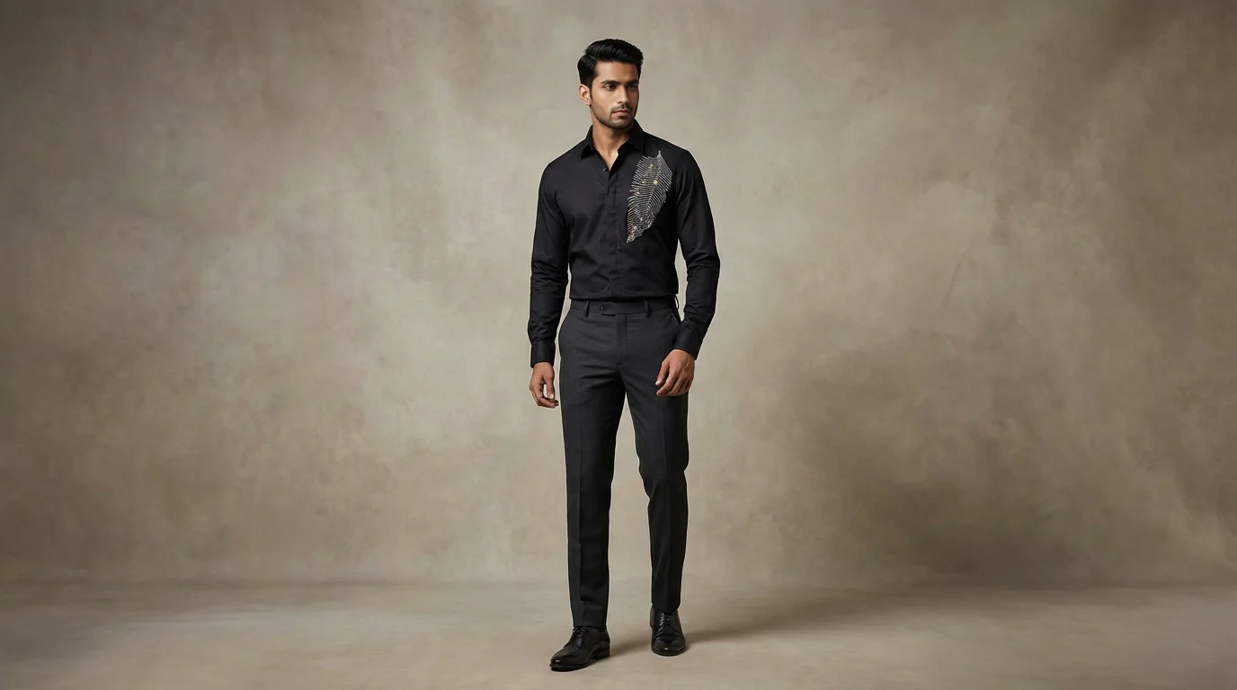 Men’s Black Luxury Feather Rhinestone Embellished Shirt (2) Men’s Black Luxury Feather Rhinestone Embellished Shirt (2)