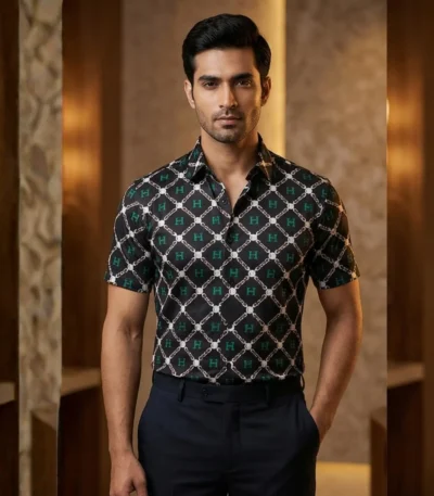 Men’s Black Monogram Geometric Print Premium Slim Fit Casual Shirt