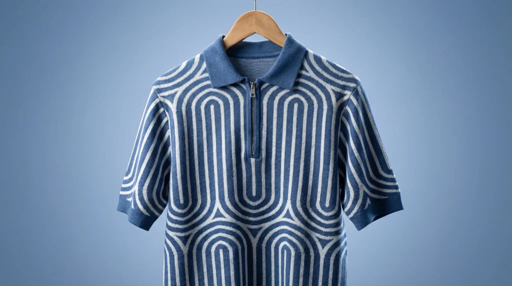 Men’s Blue Geometric Knit Quarter Zip Polo Shirt (1)