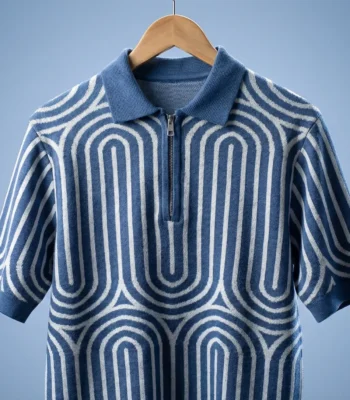 Men’s Blue Geometric Knit Quarter Zip Polo Shirt (1)