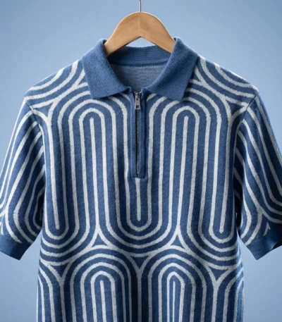 Men’s Blue Geometric Knit Quarter Zip Polo Shirt (1)