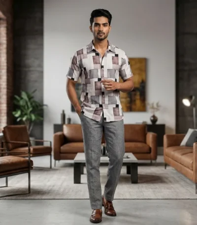 Men's Brown Aztec Print Short Sleeve Casual Resort Shirt (3)