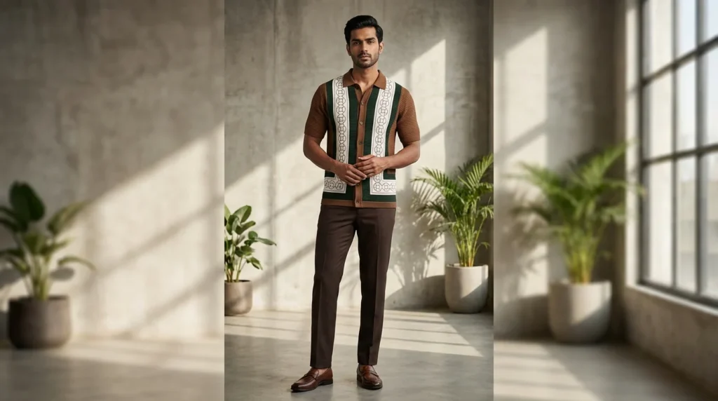 Men's Brown Aztec Print Short Sleeve Slim Fit Casual Shir (2)