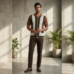 Men's Brown Aztec Print Short Sleeve Slim Fit Casual Shir (2)