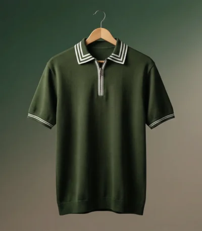 Men’s Forest Green Quarter Zip Knit Polo Shirt (1)