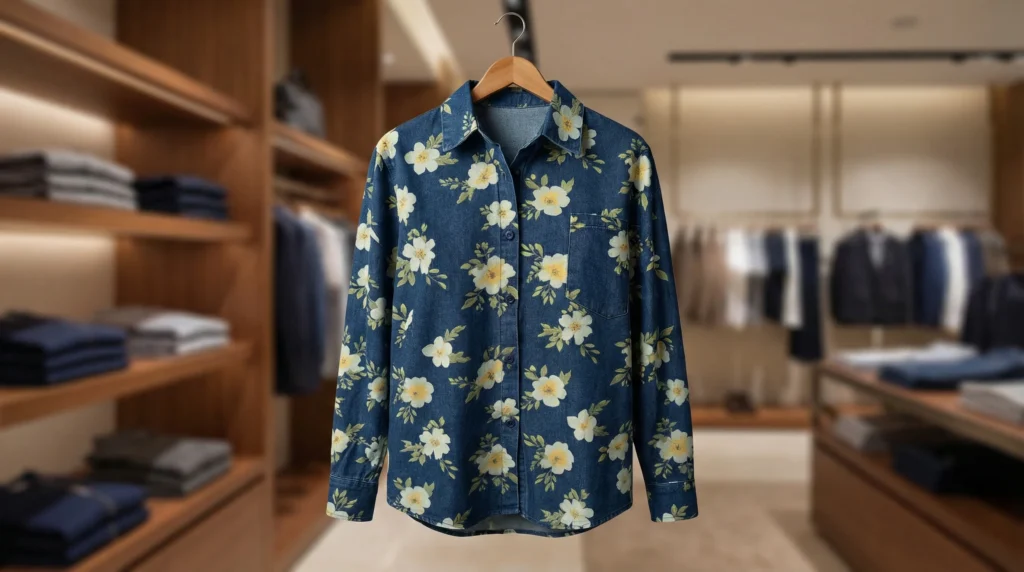 Men’s Indigo Floral Print Denim Casual Shirt (5)