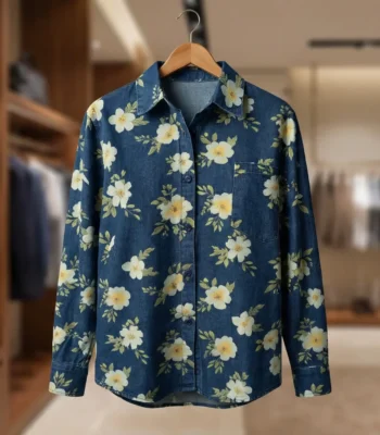 Men’s Indigo Floral Print Denim Casual Shirt (5)