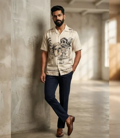 Men's Ivory Sketch Print Short Sleeve Resort Shirt (2)