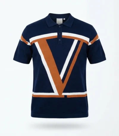 Men's Navy Blue Abstract Geometric Knit Polo Shirt (8)