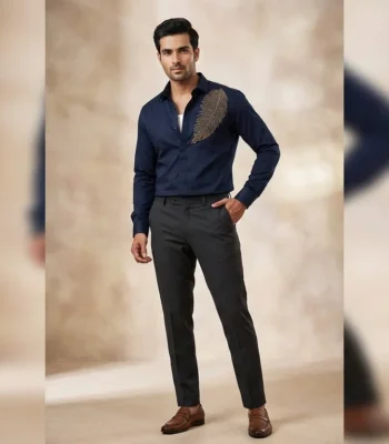 Men’s Navy Blue Feather Embellished Premium Formal Shirt (2)