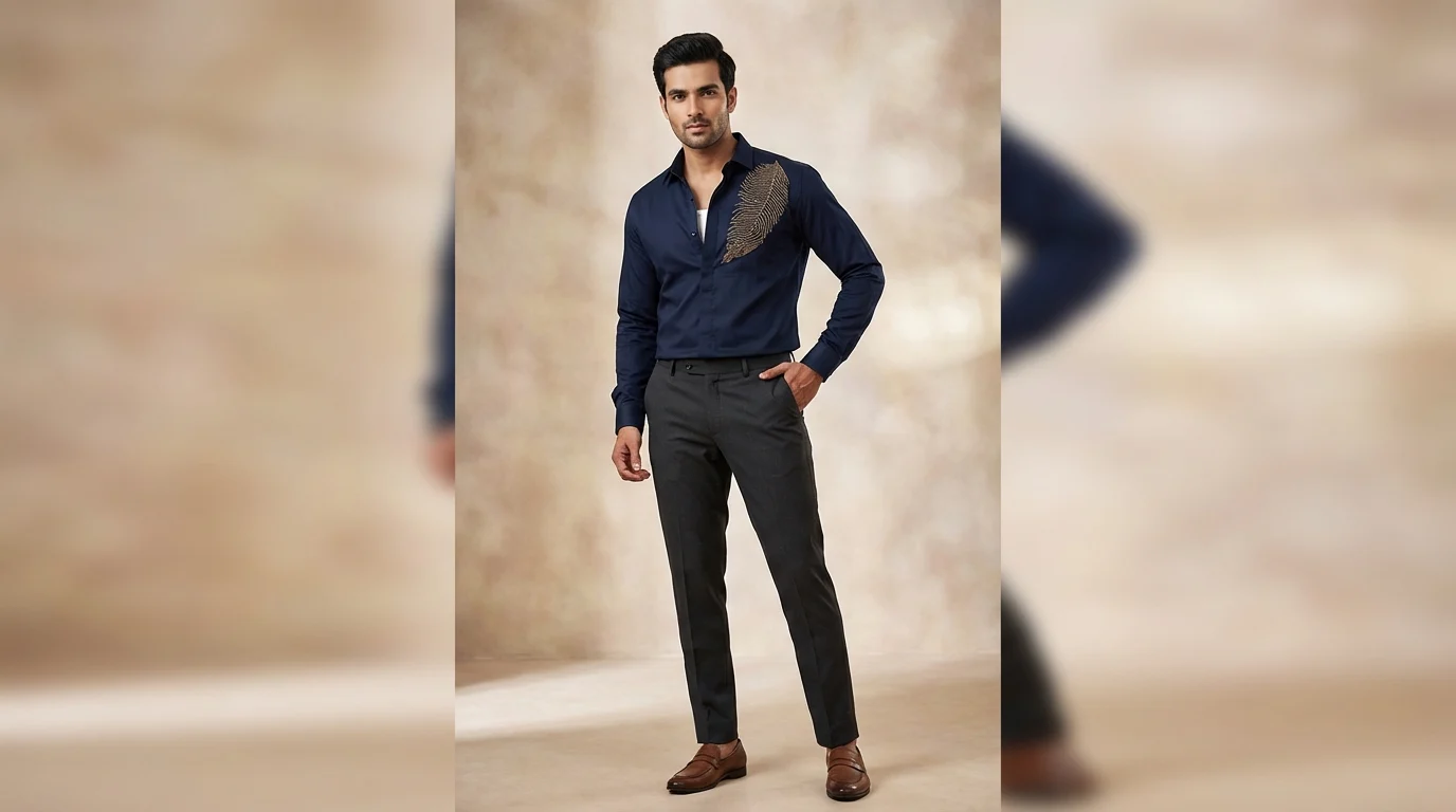 Men’s Navy Blue Feather Embellished Premium Formal Shirt (2) Men’s Navy Blue Feather Embellished Premium Formal Shirt (2)