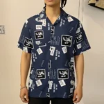 Men's Navy Blue Quirky Graphic Print Casual Cuban Collar Shirt (3)