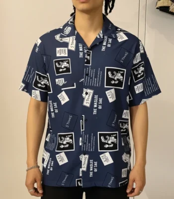 Men's Navy Blue Quirky Graphic Print Casual Cuban Collar Shirt (3)