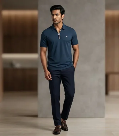 Men’s Navy Blue Textured Zip Neck Premium Polo Shirt (6)