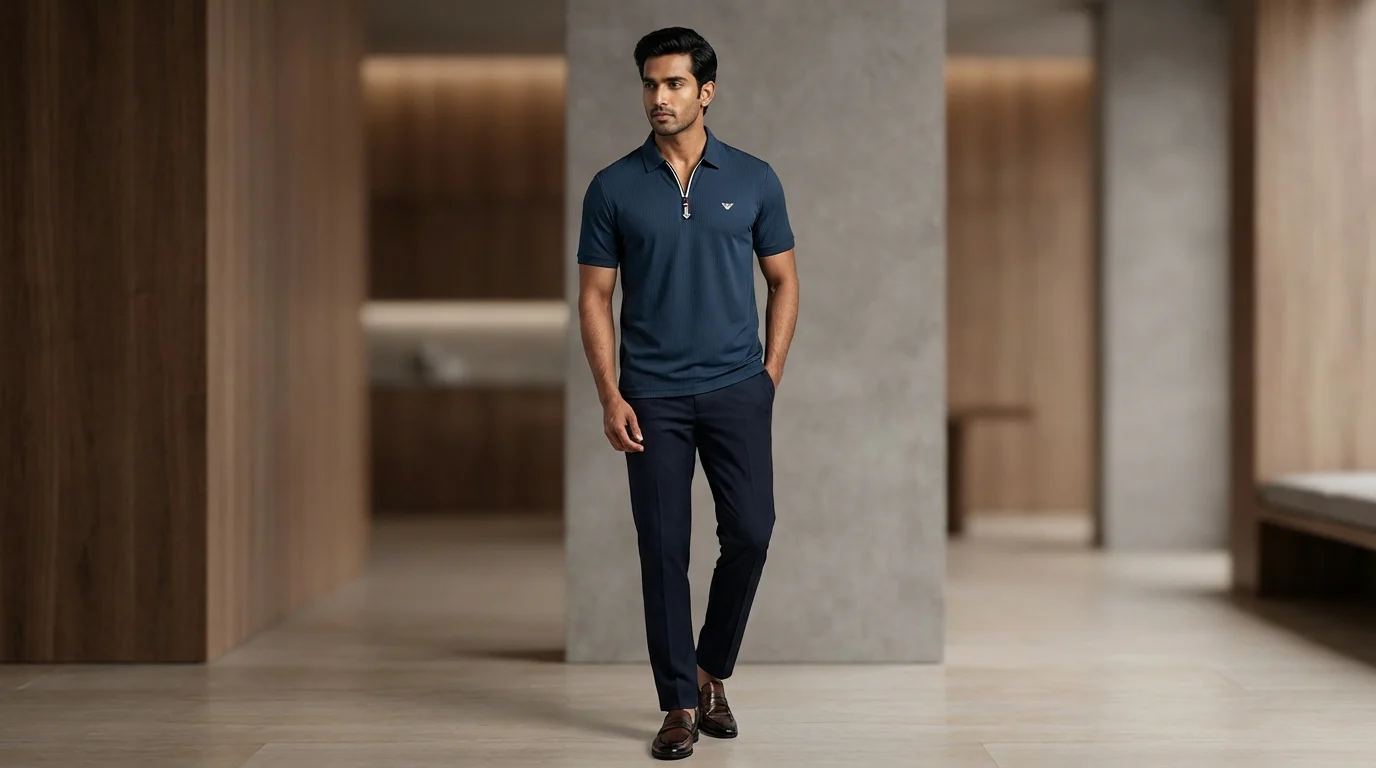 Men’s Navy Blue Textured Zip Neck Premium Polo Shirt (6) Men’s Navy Blue Textured Zip Neck Premium Polo Shirt (6)