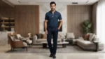 Men’s Navy Blue Textured Zip Neck Premium Polo Shirt (9)
