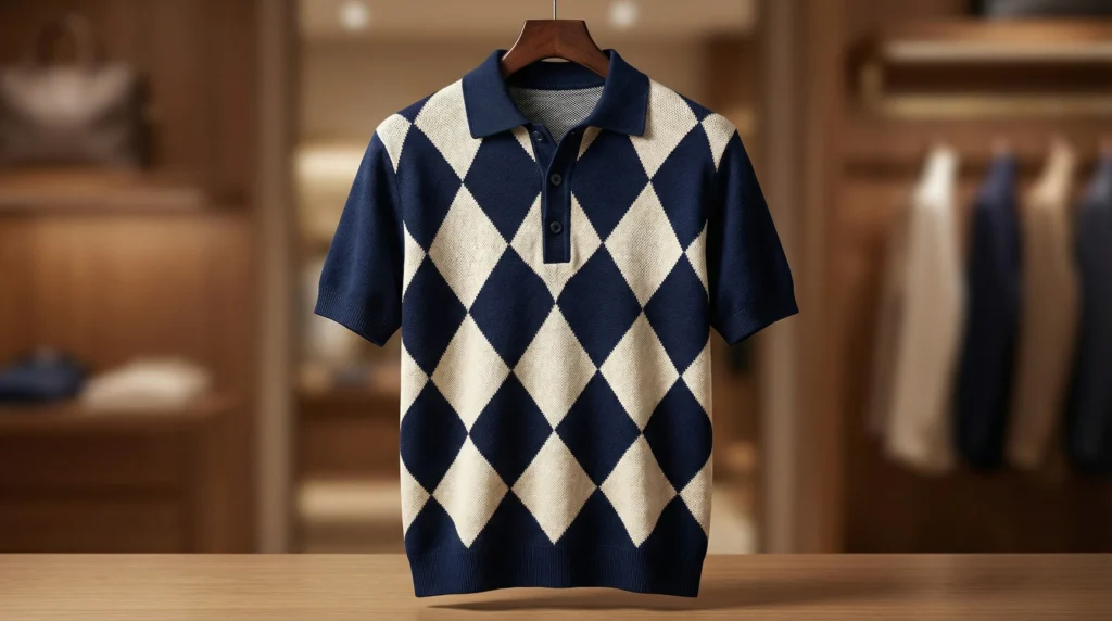 Men’s Navy & Cream Argyle Pattern Knit Polo Shirt (6)