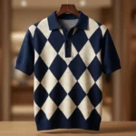 Men’s Navy & Cream Argyle Pattern Knit Polo Shirt (6)
