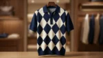 Men’s Navy & Cream Argyle Pattern Knit Polo Shirt (6)