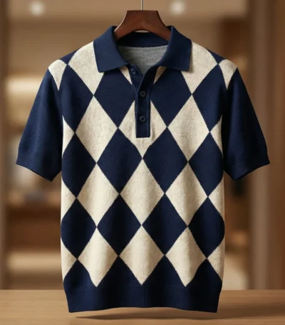 Men’s Navy & Cream Argyle Pattern Knit Polo Shirt (6)