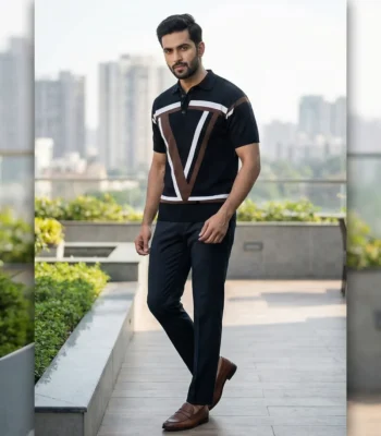 Men’s Navy Geometric Knit Polo Shirt – Premium Slim Fit (3)