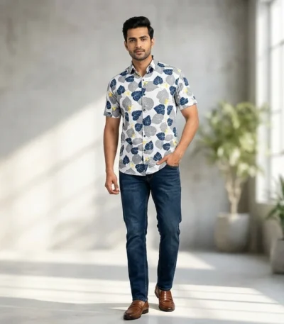 Men’s Navy & Yellow Floral Print Premium Casual Shirt (2)