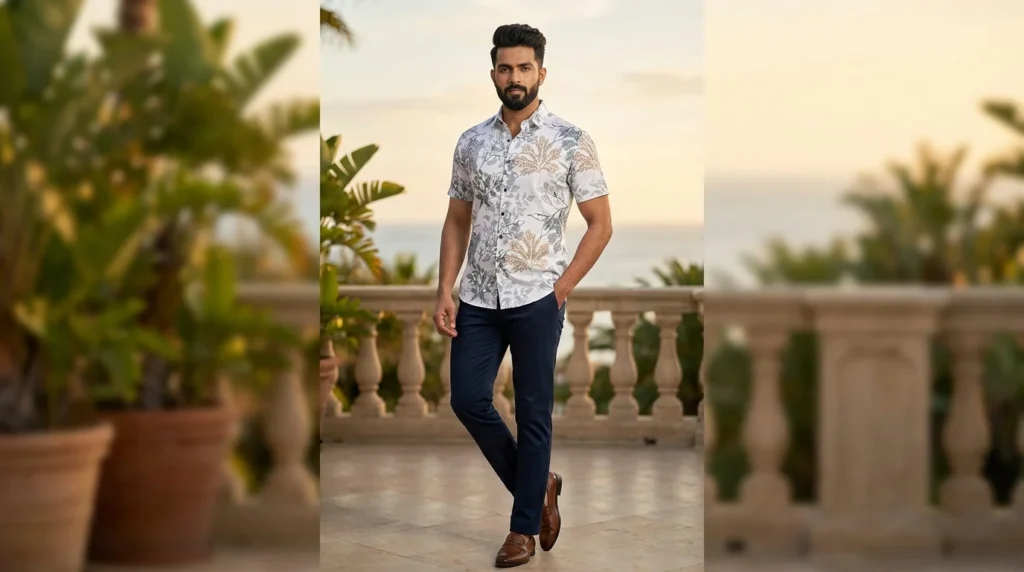 Men’s Off White Botanical Leaf Print Premium Casual Shirt (4)