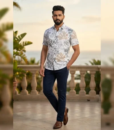 Men’s Off White Botanical Leaf Print Premium Casual Shirt (4)