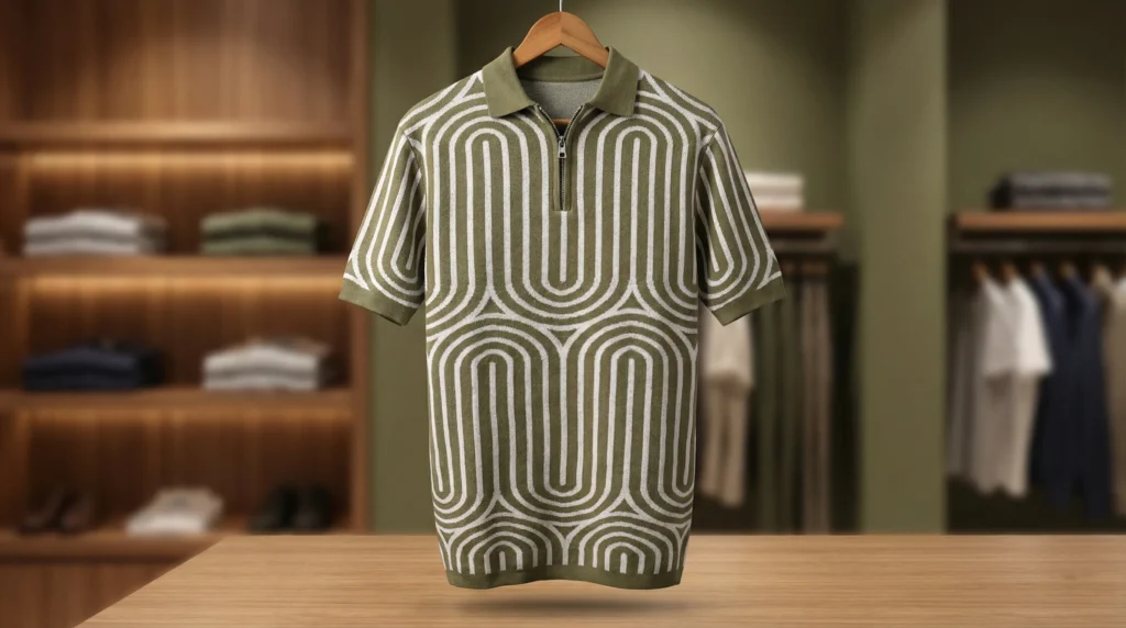 Men’s Olive Geometric Knit Quarter Zip Polo Shirt (2)