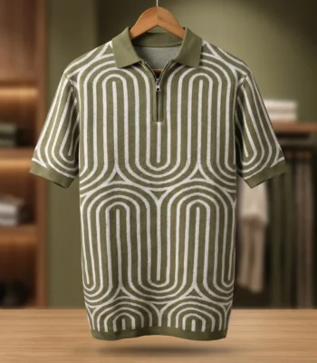 Men’s Olive Geometric Knit Quarter Zip Polo Shirt (2)