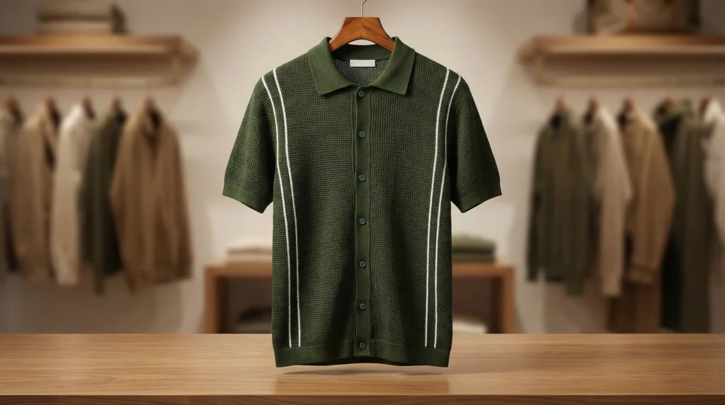 Men’s Olive Green Basketweave Knit Button Through Polo Shirt (1)