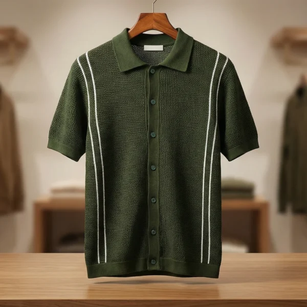 Men’s Olive Green Basketweave Knit Button Through Polo Shirt (1)