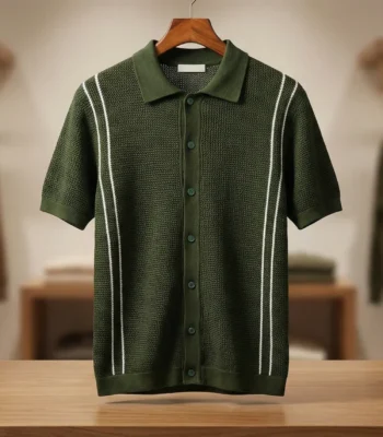 Men’s Olive Green Basketweave Knit Button Through Polo Shirt (1)