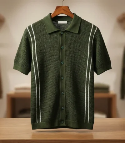 Men’s Olive Green Basketweave Knit Button Through Polo Shirt (1)
