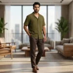 Men's Olive Green Textured Short Sleeve Resort Shirt (2)