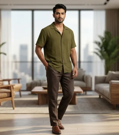 Men's Olive Green Textured Short Sleeve Resort Shirt (2)